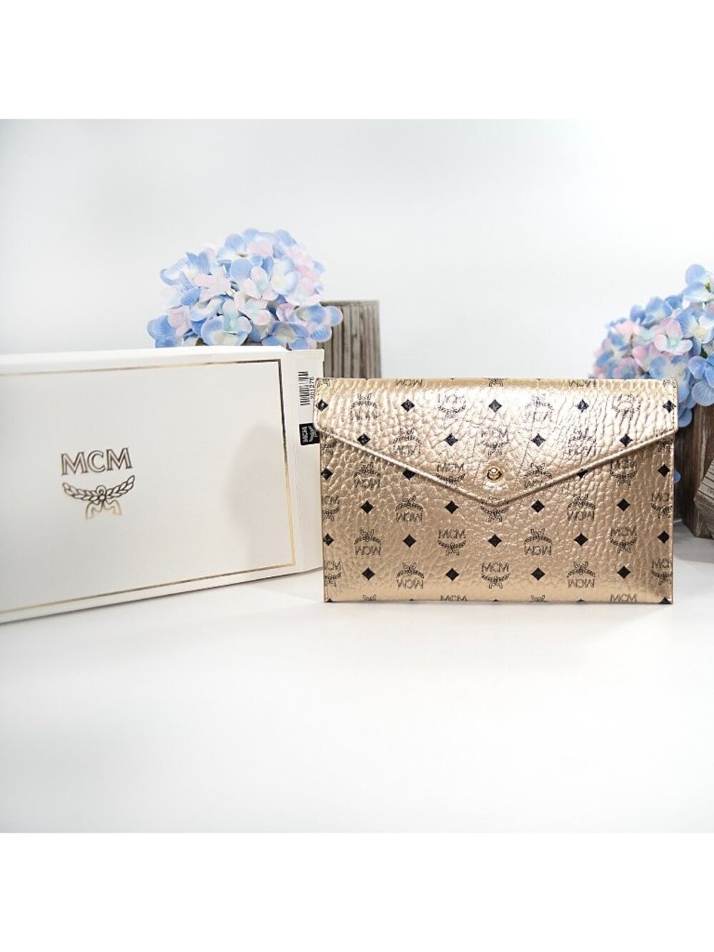 MCM Gold Visetos Logo Monogram Leather Envelope Pouch NWT
